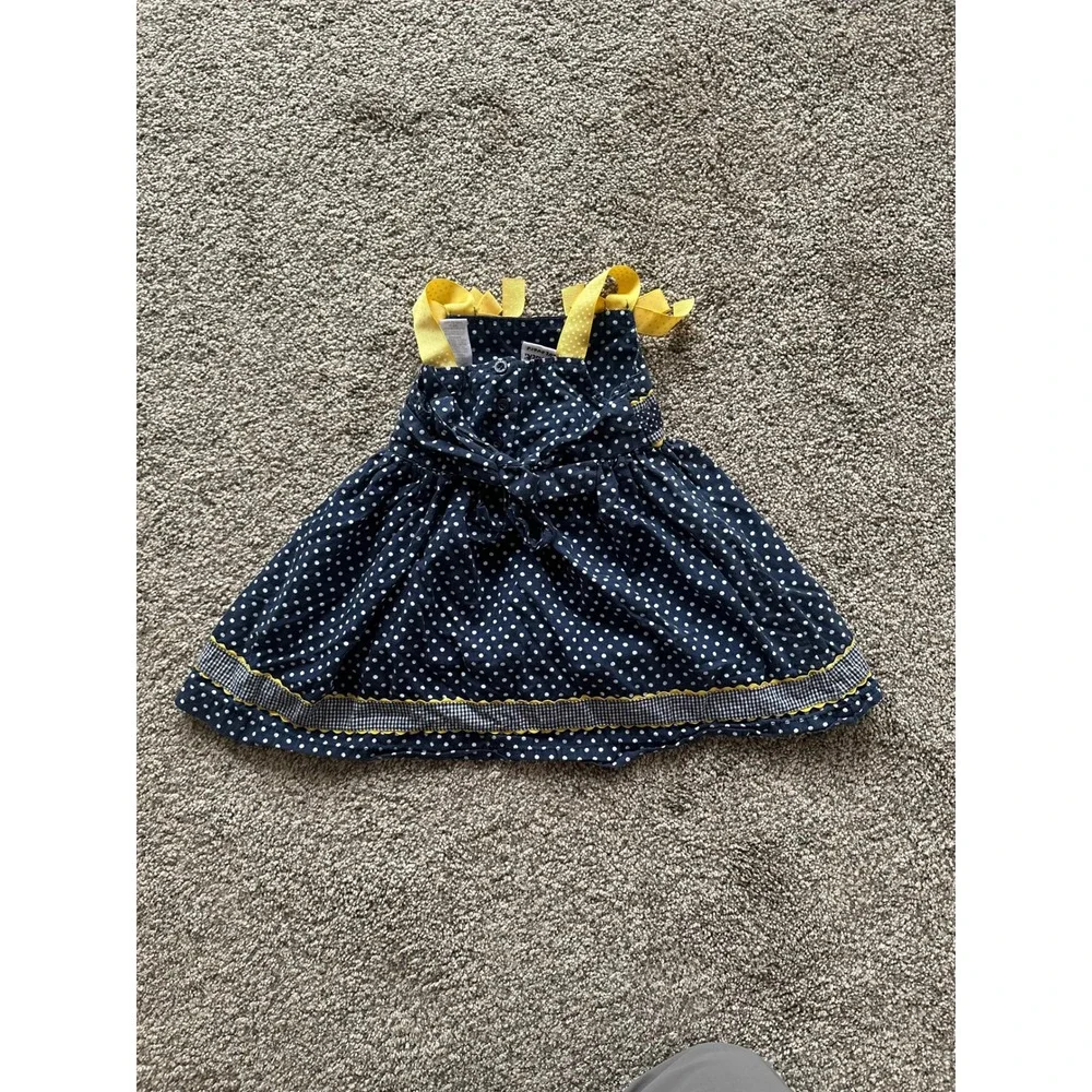 Blueberi Boulevard Navy Polka Dot Dress Yellow Ribbon Bows Rosettes Kids 12M